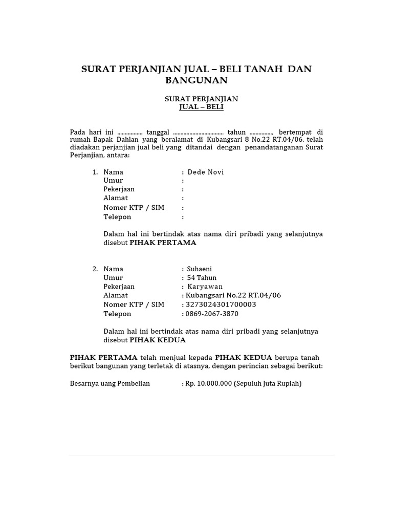 Surat Perjanjian Jual Beli Tanah dan Bangunan | PDF