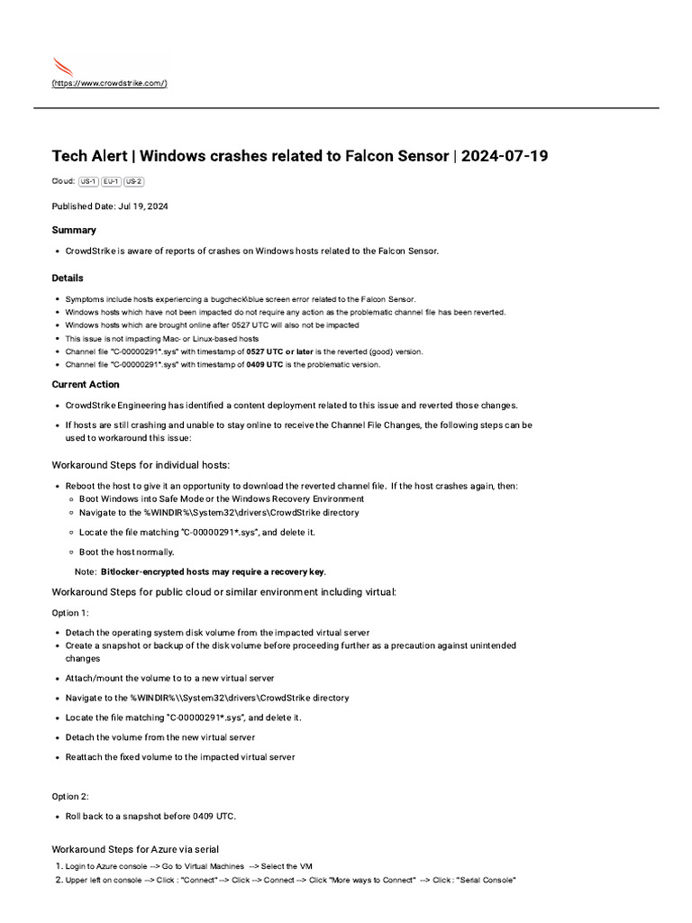 Tech Alert - Windows Crashes Related To Falcon Sensor - 2024-07-19-1 | PDF