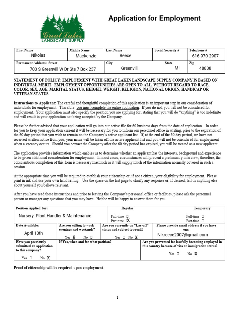 Great Lakes Employment Application Form | PDF | Employment | Justice