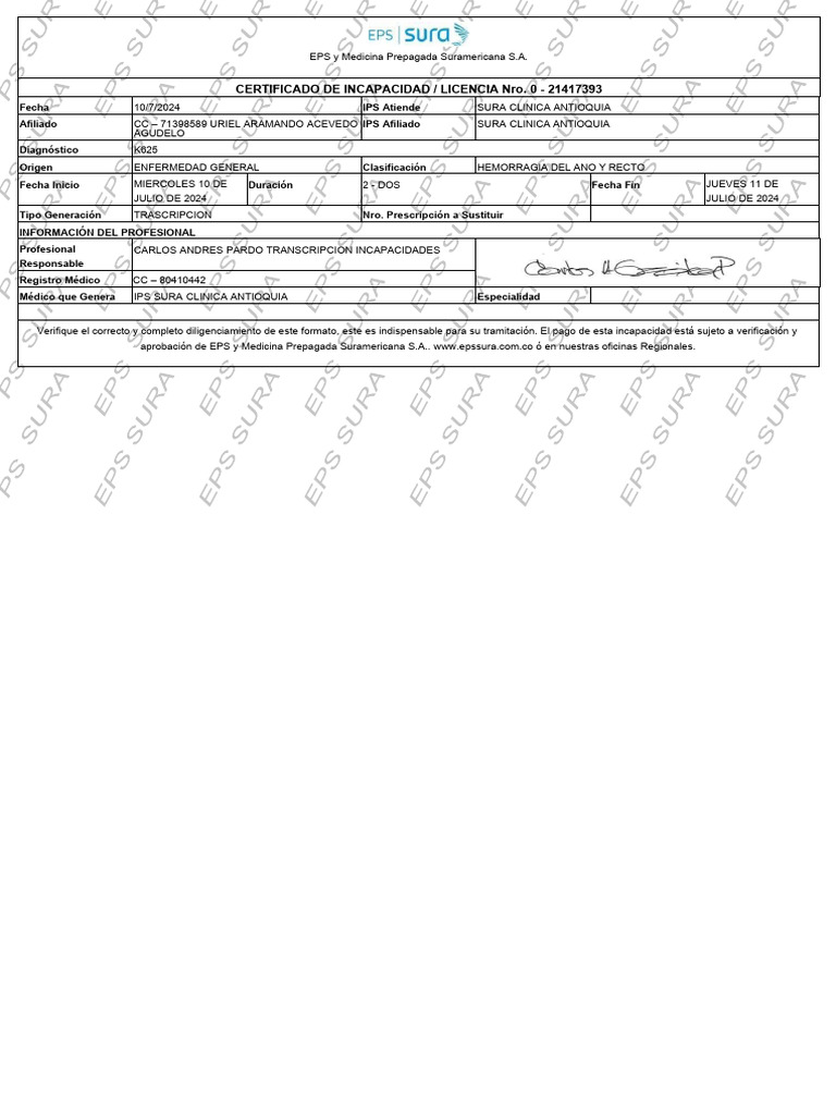 Certificado de Incapacidad SURA 2024 | PDF