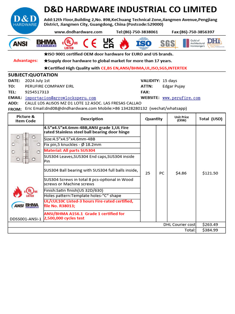 D&D Hardware Quotation for Door Hinges | PDF | Screw