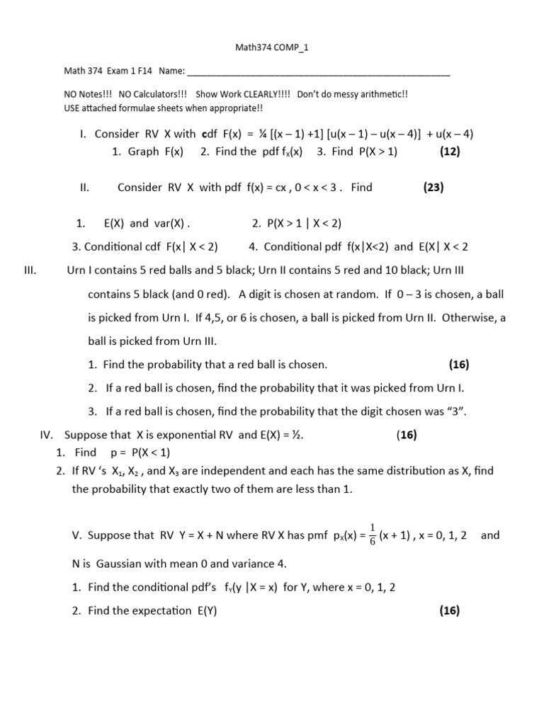 Math 374 Probability and Statistics Exam | PDF | Probability Density ...