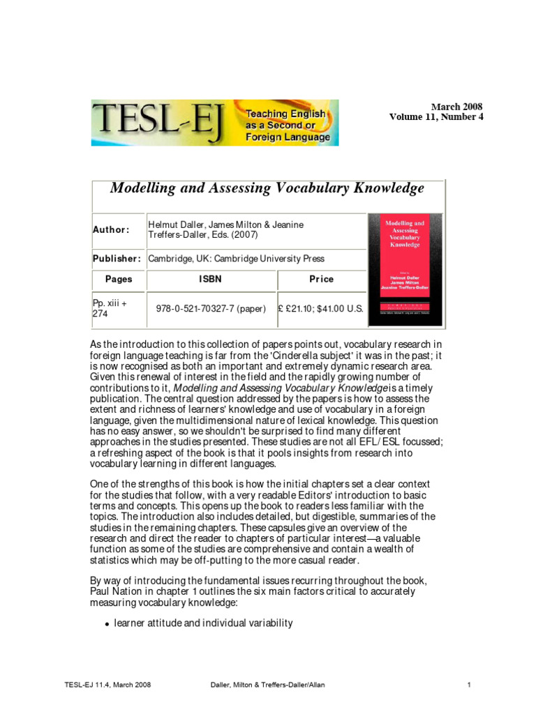 Modelling And Assessing Vocabulary Knowl Pdf Vocabulary English