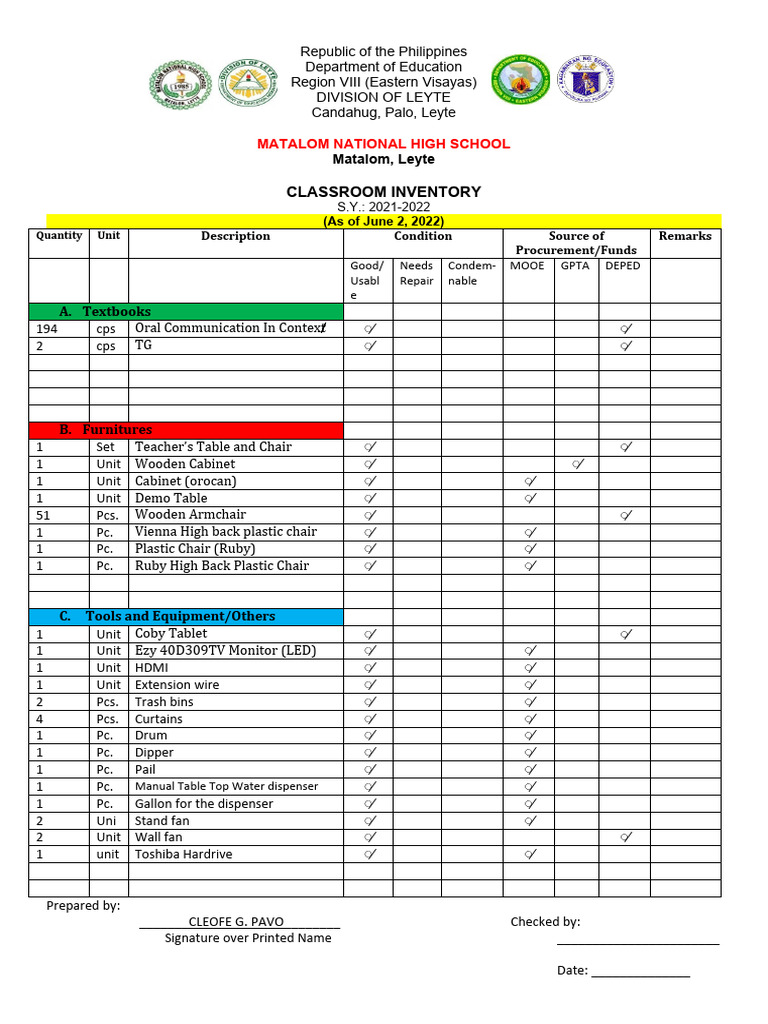 InventoryFormClassroomTLEDept. S.Y. 20222023 PDF Manufactured