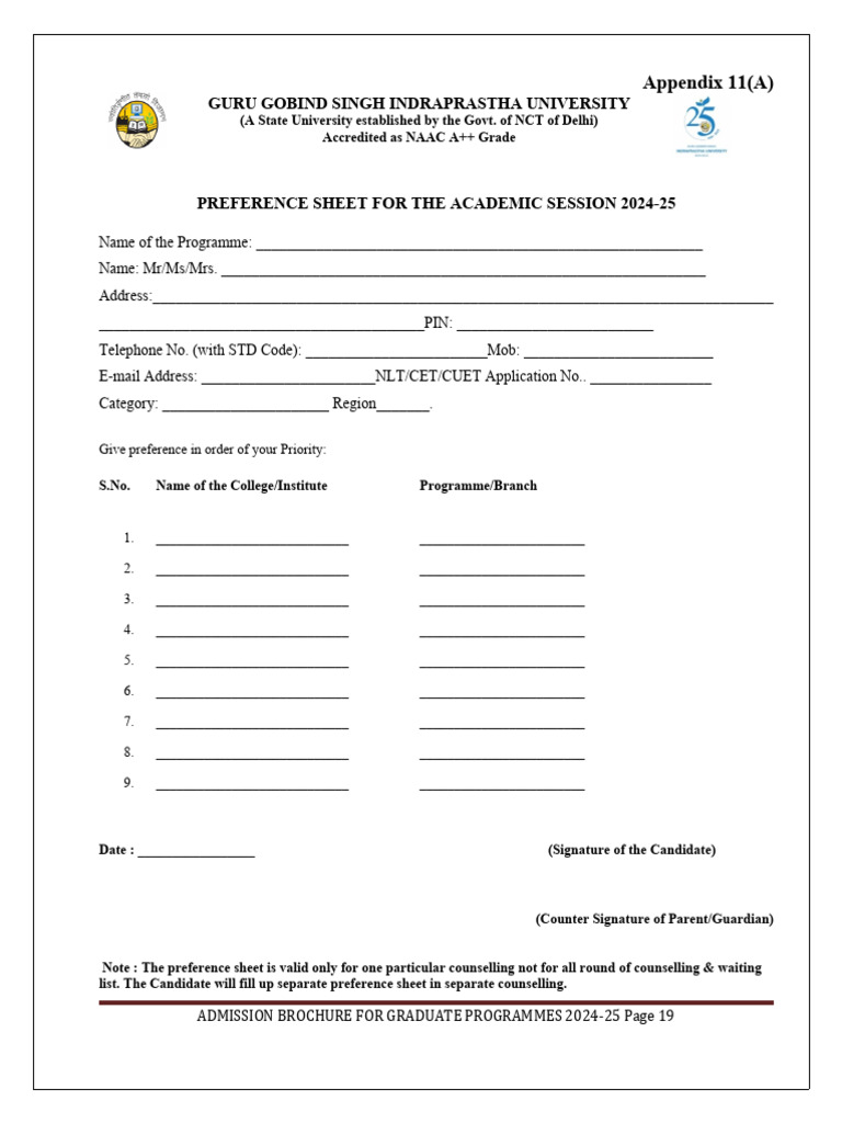 Preference Sheet for GGSIPU Admissions | PDF