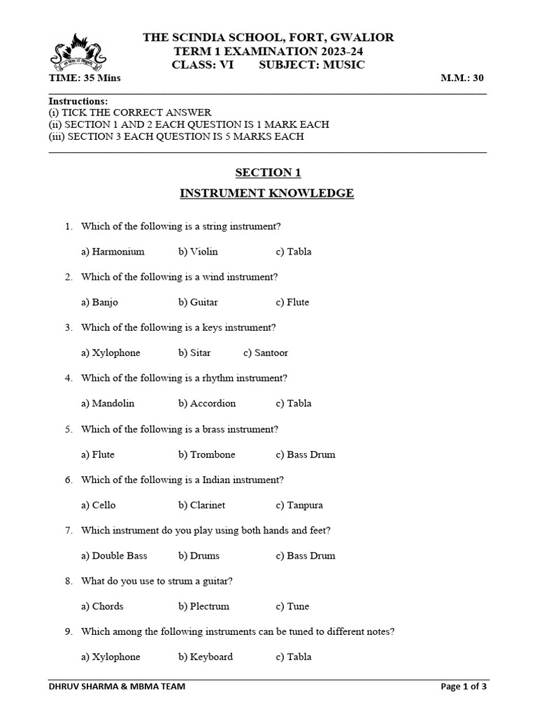 6th Class Exam Paper | PDF | Musical Instruments | Double Bass