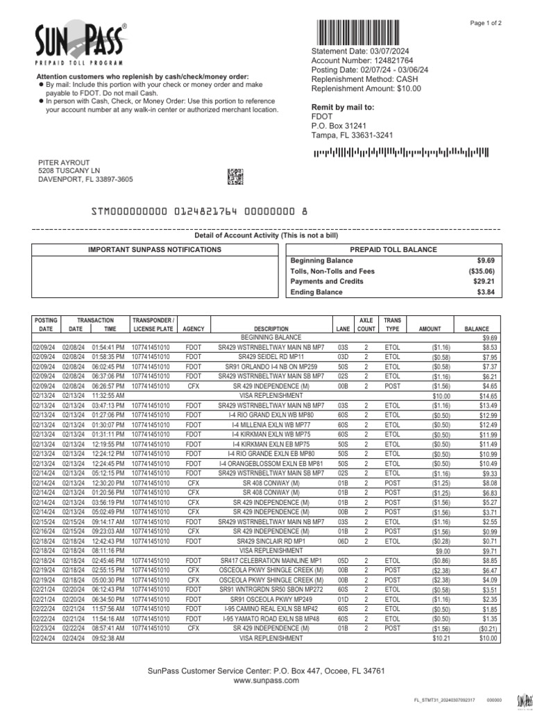 SunPass Account Activity Summary | PDF | Radio Frequency Identification ...
