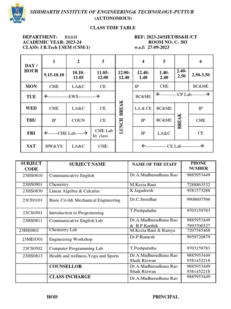 BS&H Class Timetable 2023-24 | PDF | Engineering