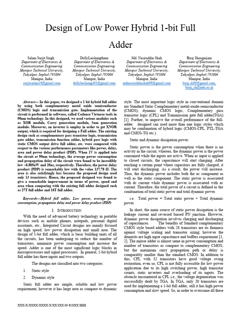 Design of Low Power Hybrid 1-Bit Full Adder: Salam Surjit Singh ...