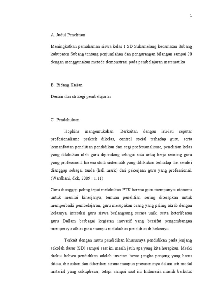Proposal Ptk Matematika Kelas 1 Sd Sukamelang