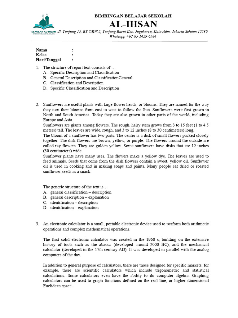 Worksheet 1 ix bahasa inggris report text pdf pdf calculator