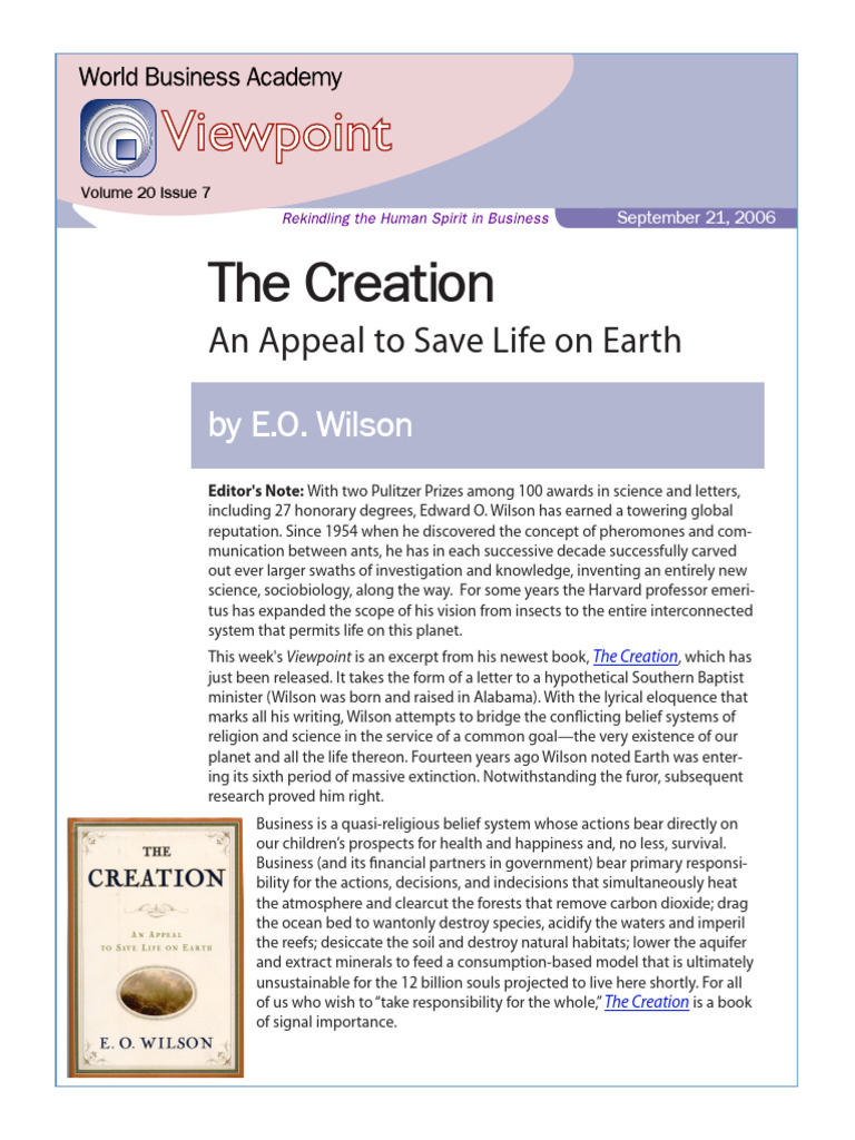 The Creation: An Appeal To Save Life On Earth by E.O. Wilson | PDF ...