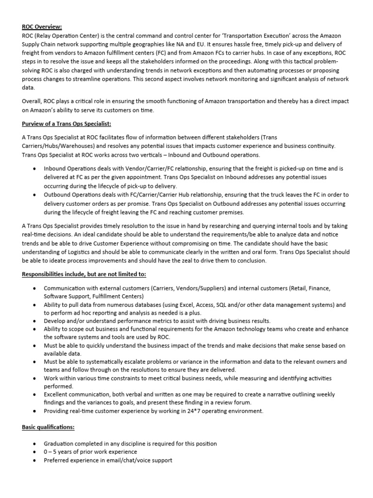 Amazon ROC: Trans Ops Specialist Guide | PDF | Data | Supply Chain