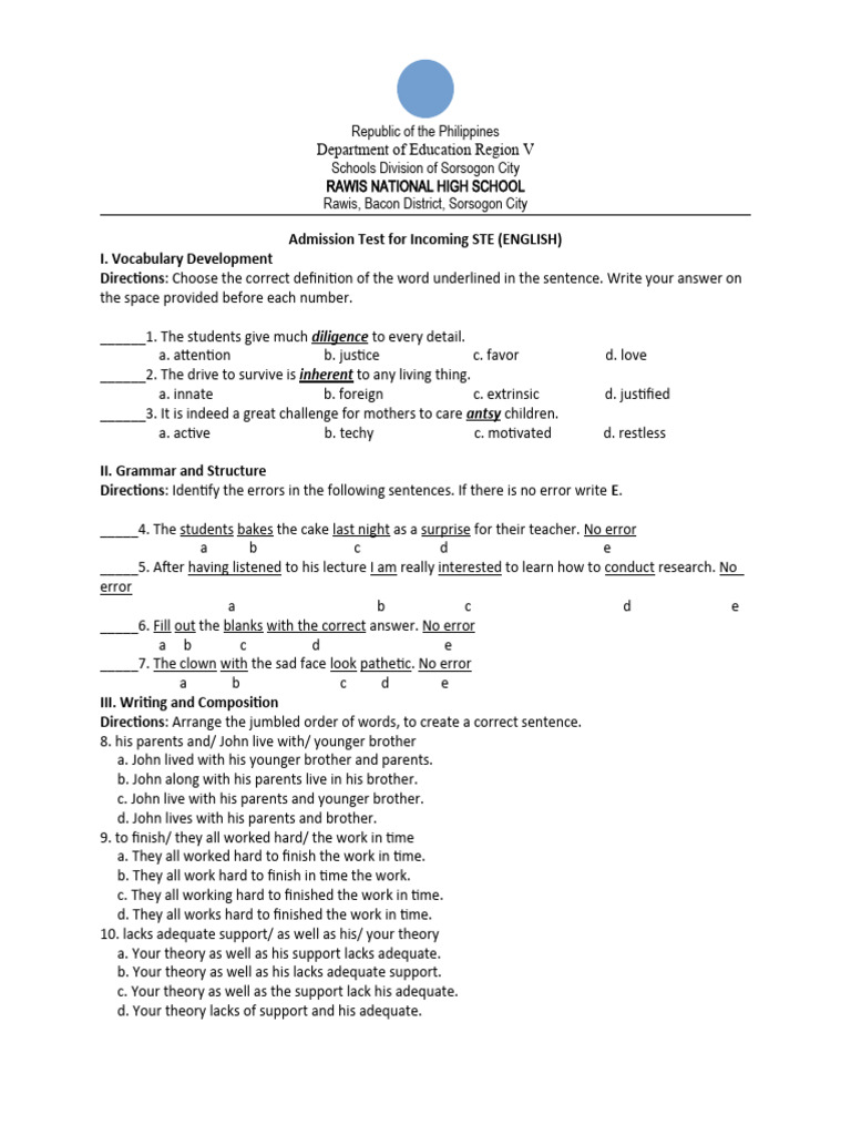 STE Admission Test Reviewer | PDF | Cognitive Science | Human Communication