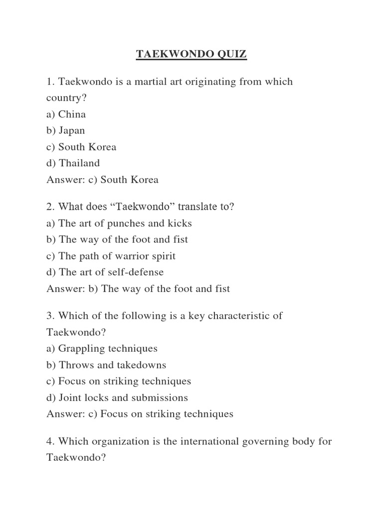 TAEKWONDO QUIZ ANSWER KEY PDF Taekwondo Korean Martial Arts