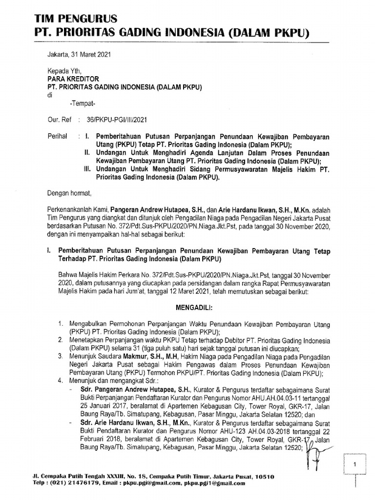 Undangan Kreditor Pembahasan Rencana Perdamaian Dan Atau Voting ...
