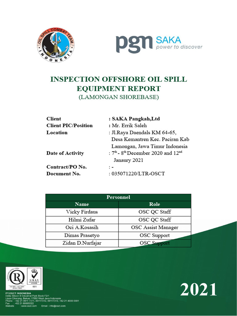 Inspection Report Offshore Oilboom Asset Saka Pangkah, LTD | PDF ...