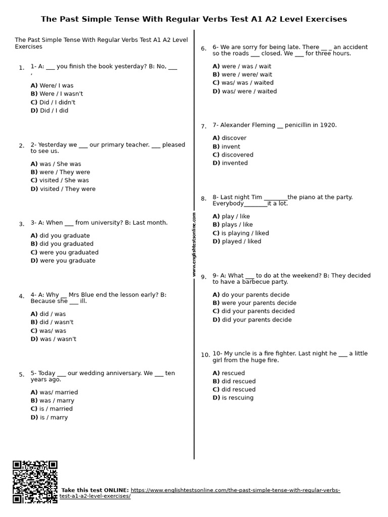 the-past-simple-tense-with-regular-verbs-test-a1-a2-level-exercises ...