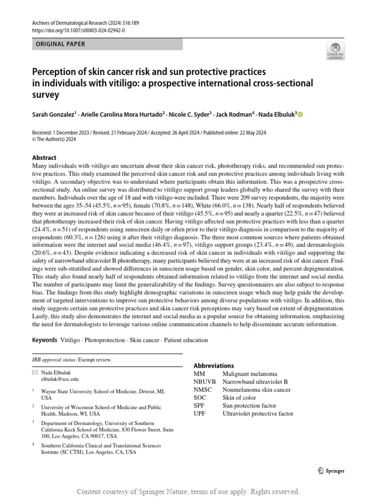 Vitiligo: Skin Cancer Risk Perceptions | PDF | Skin Cancer | Race And ...