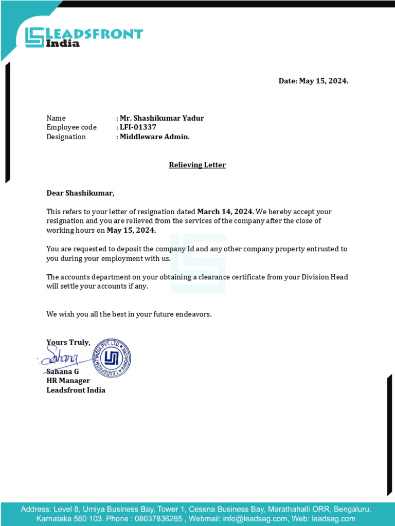 Relieving Letter for Shashikumar Yadur | PDF | Career & Growth