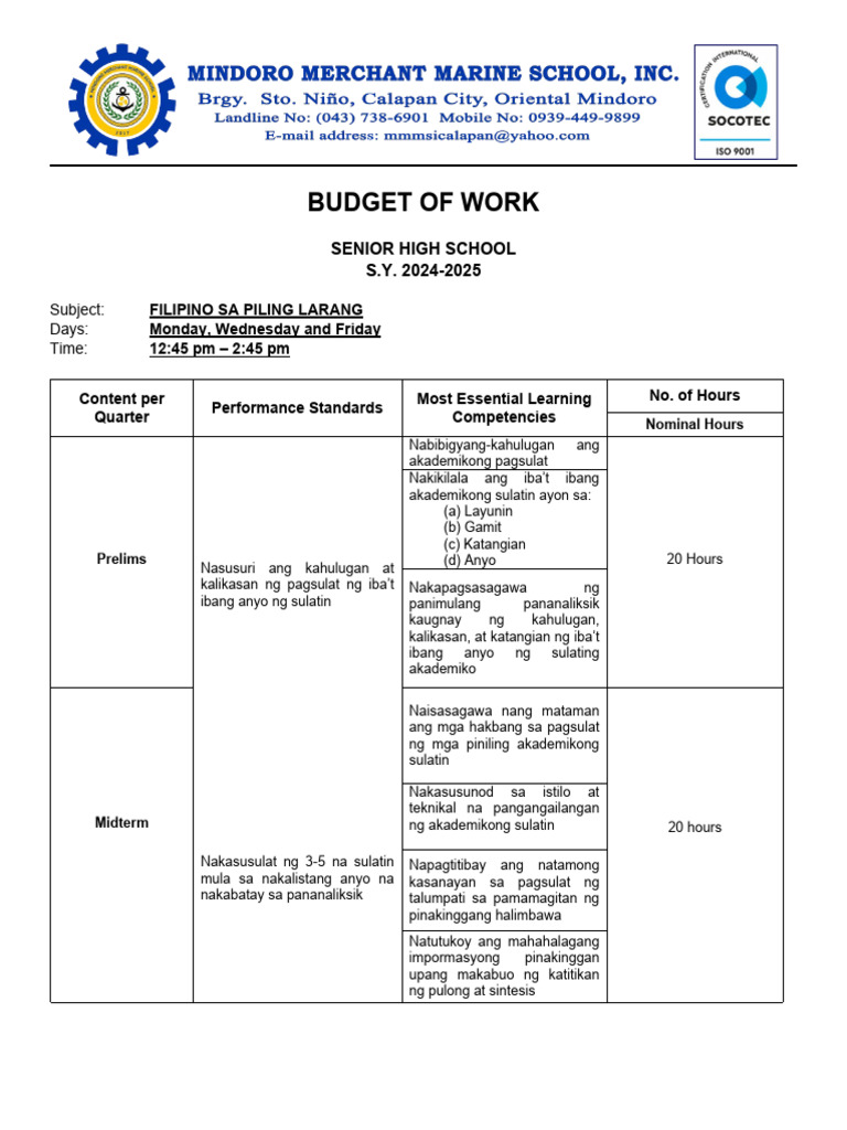 BUDGET of WORK (Fil3) Applied Subject | PDF