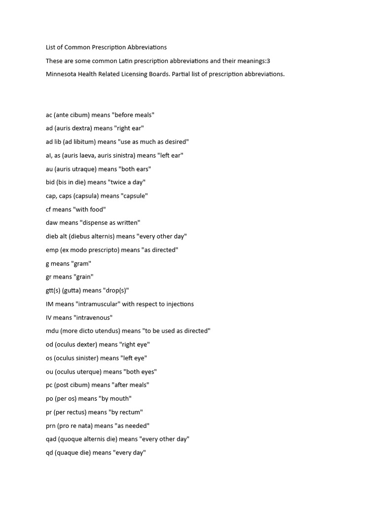 Prescription Abbreviations Guide | PDF | Science & Mathematics