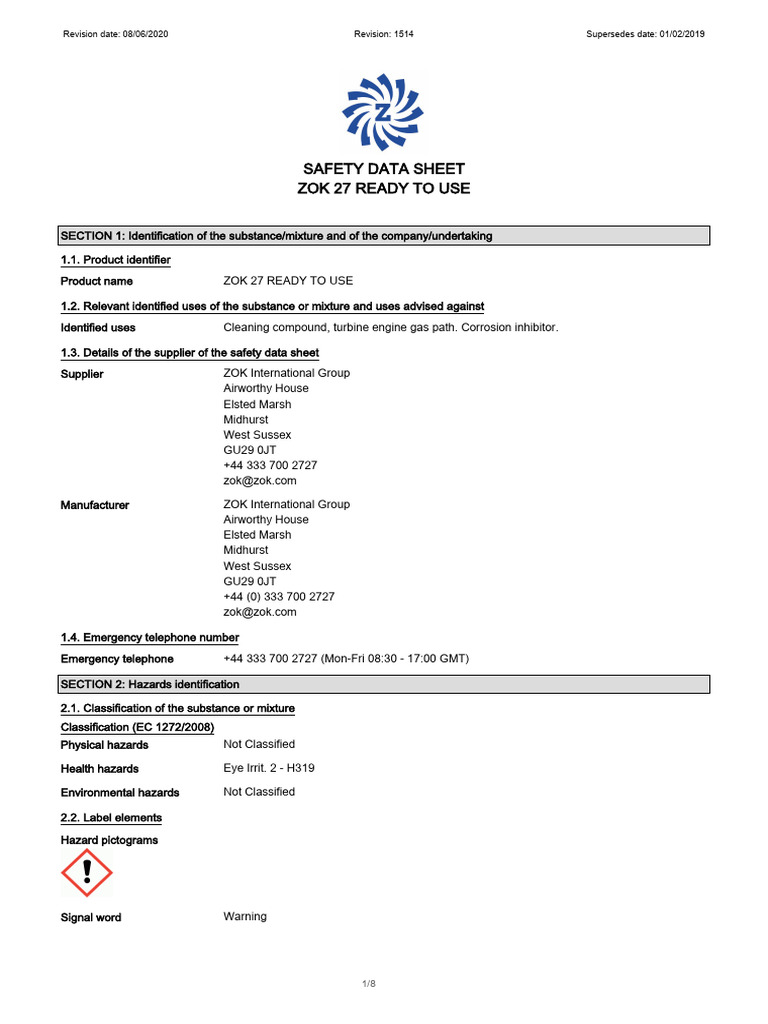 ZOK 27 Ready to Use Safety Data Sheet | PDF | Hazards | Safety