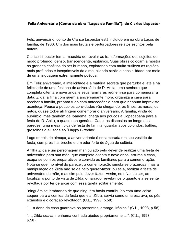 Feliz Aniversário: A Ironia Familiar de Lispector | PDF | Contos