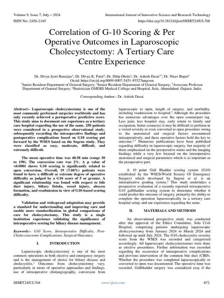 Correlation of G-10 Scoring & Per Operative Outcomes in Laparoscopic ...