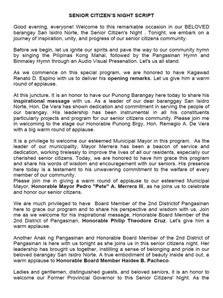 Senior Citizens' Night Program Script | PDF | Social Science