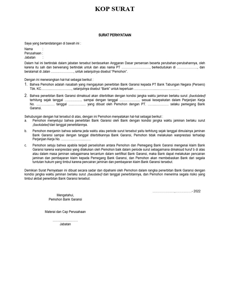 Surat Pernyataan Bank Garansi Backdated | PDF