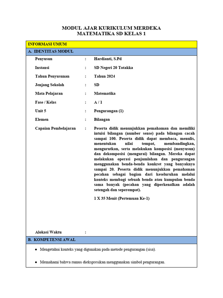 Modul Ajar Matematika SD Kelas 1 | PDF | Karier & Perkembangan