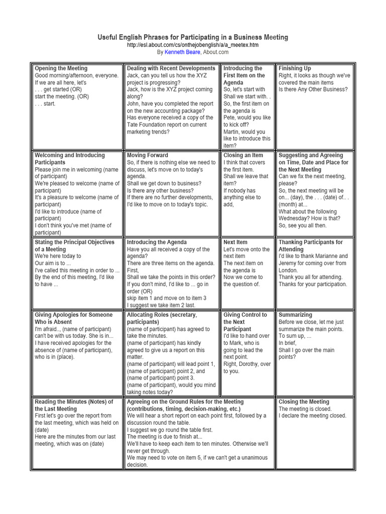 Useful Phrases For A Meeting | PDF | Language Arts & Discipline