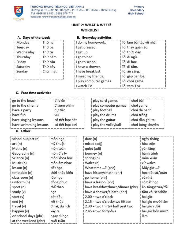 Unit 2 What A Week - Wordlist | PDF