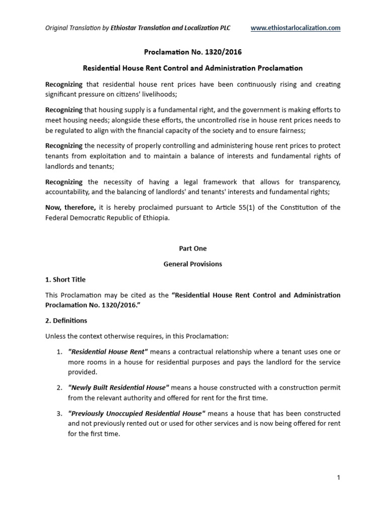 Proclamation 1320/2016: Rent Control | PDF | Lease | Leasehold Estate