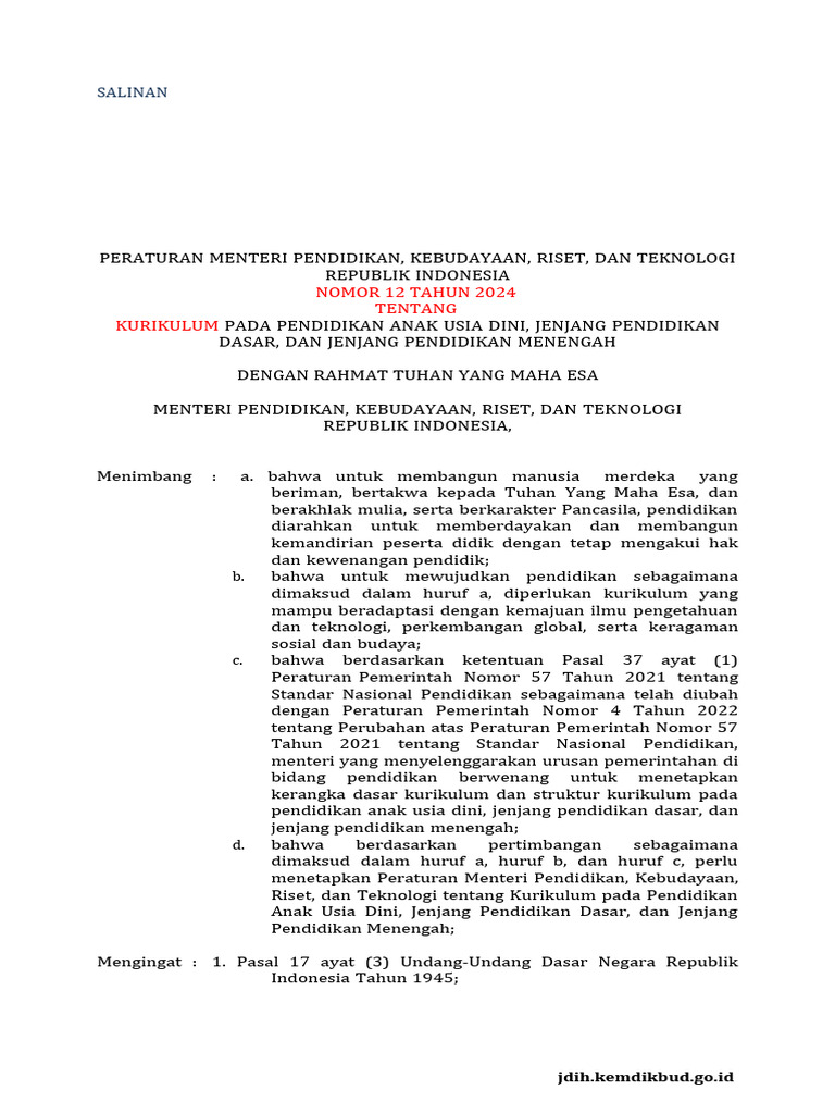 Regulasi Kurikulum Terbaru 2024 Pdf