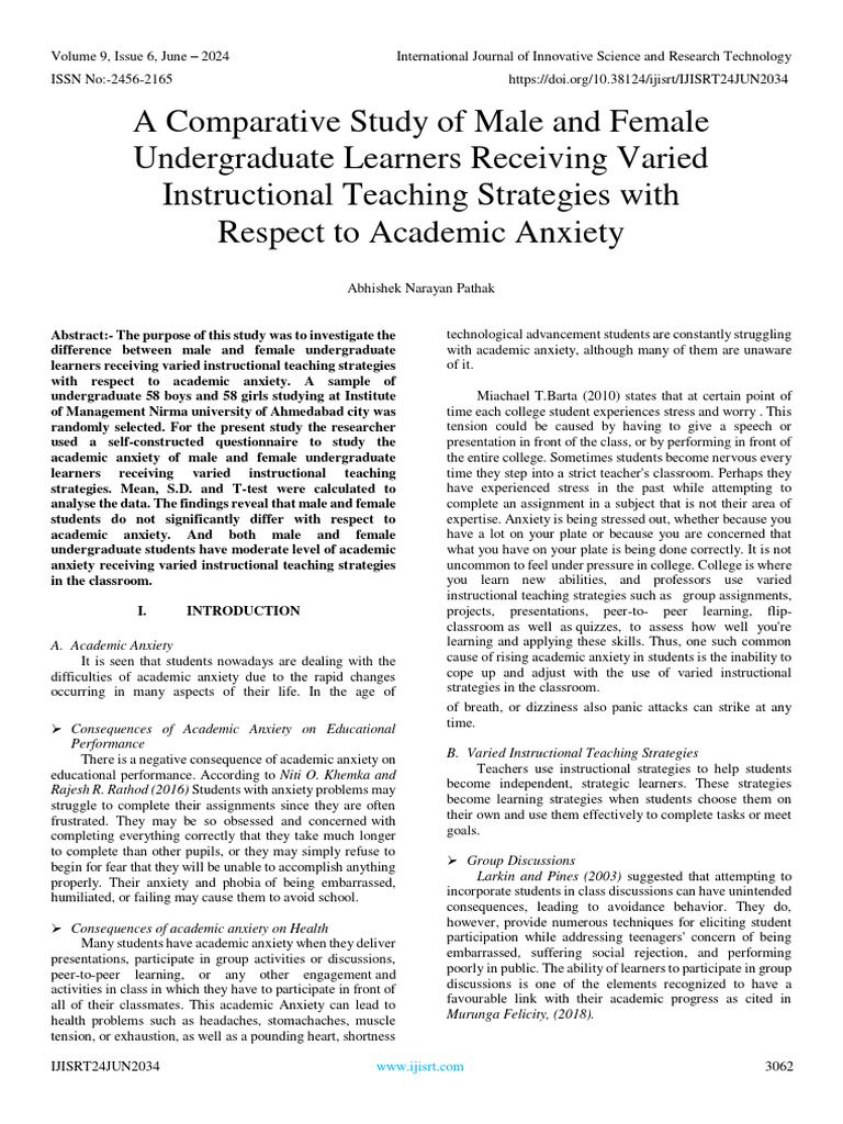 A Comparative Study of Male and Female Undergraduate Learners Receiving ...