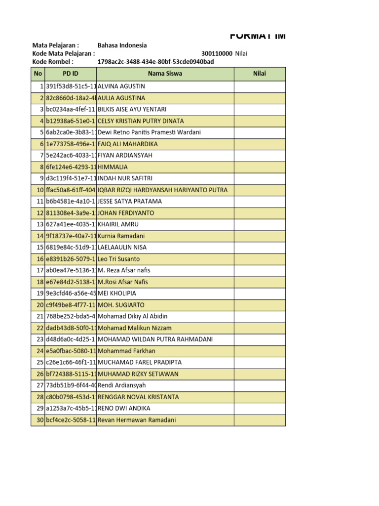 Format Import Nilai Kelas 8D | PDF