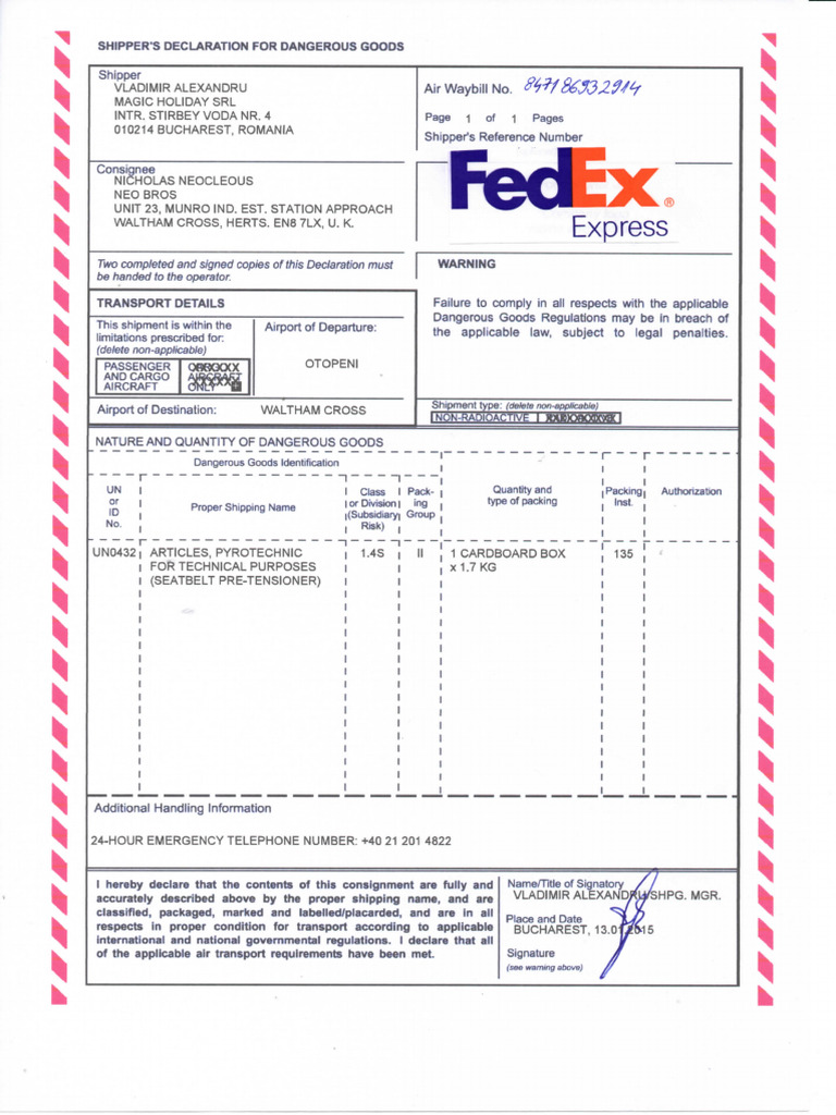 Shipper's Dangerous Goods Declaration (847186932914) | PDF