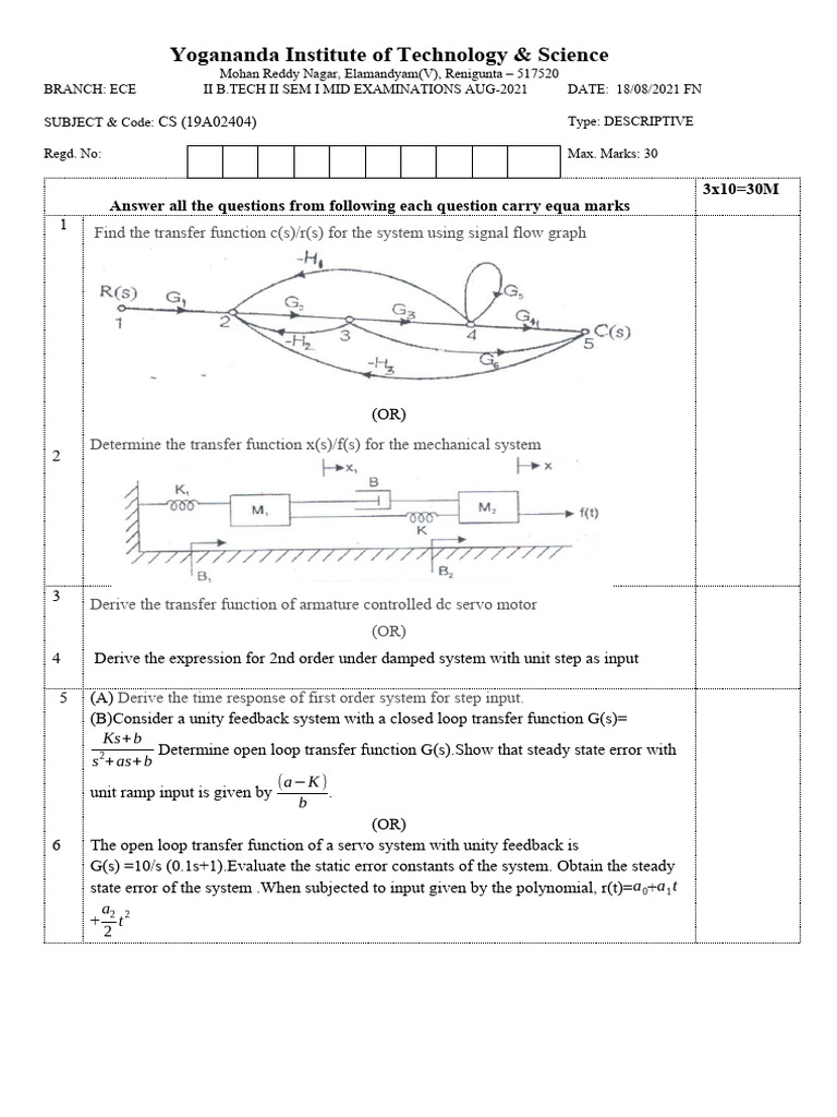 ECE II B.Tech Mid Exam Aug 2021 Questions | PDF | Applied Mathematics ...