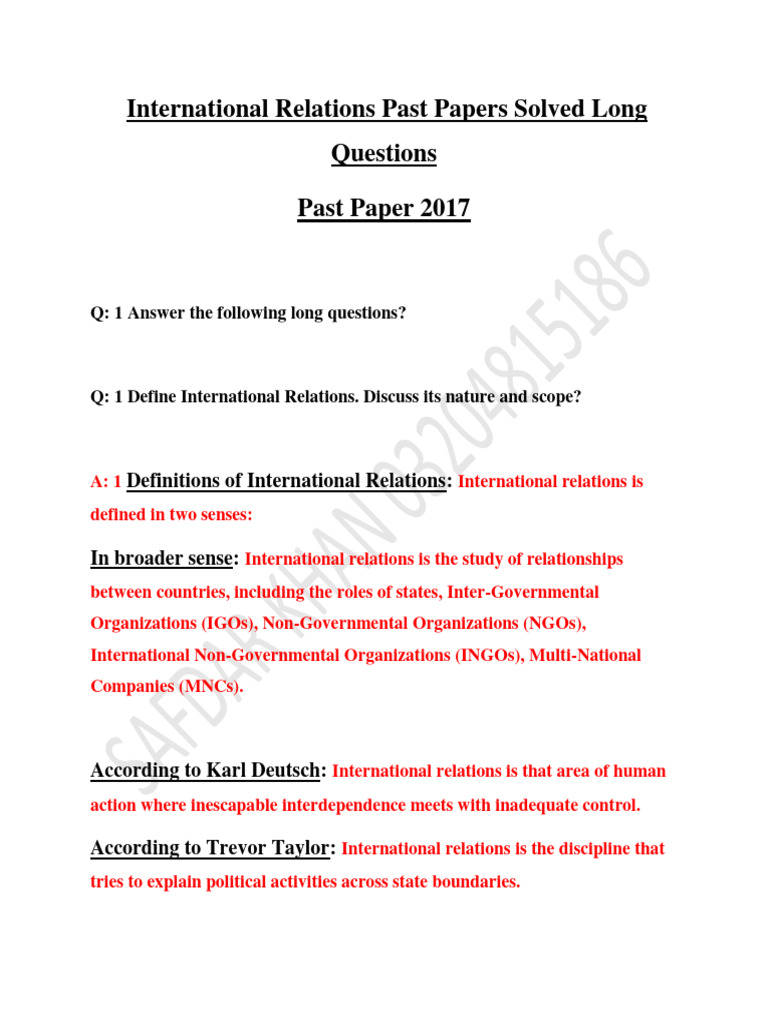 International Relations Past Papers Solved Long Questions | PDF ...