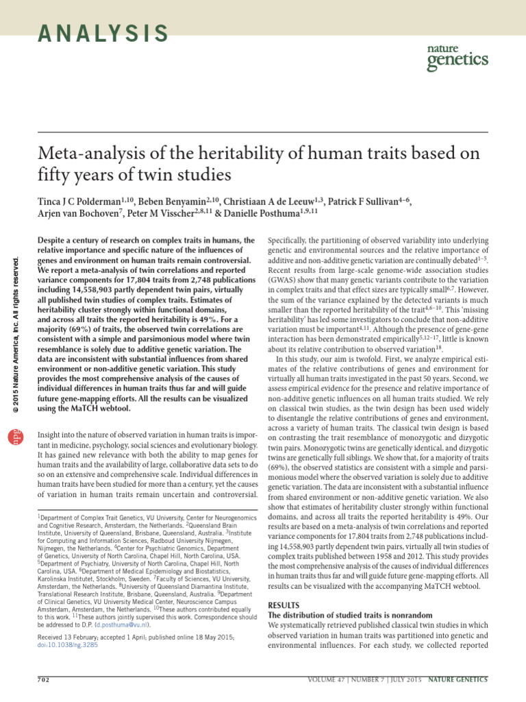 Polderman 2015 | PDF | Heritability | Twin