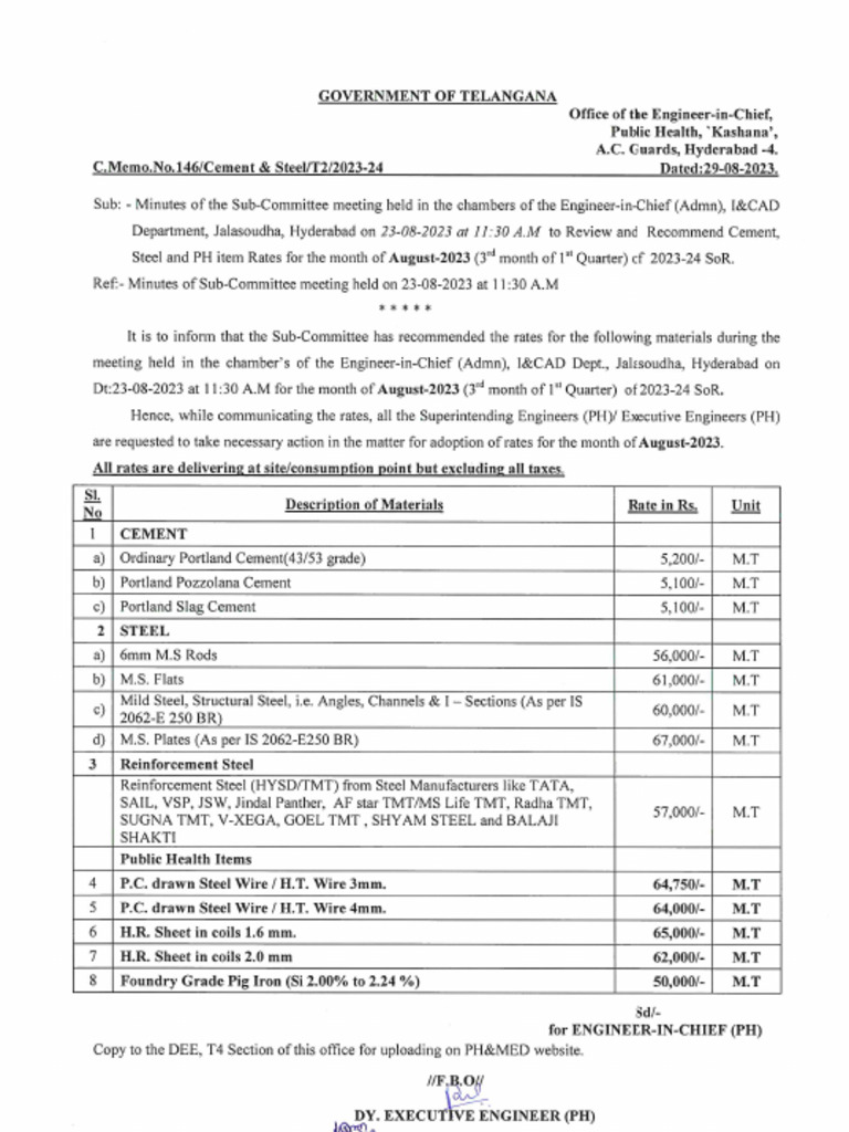 August - 2023 Cement & Steel Rates | PDF