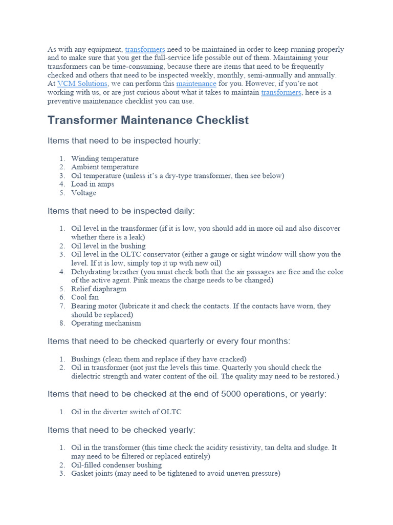 Transformer Maintenance Checklist Guide | PDF | Transformer | Capacitor