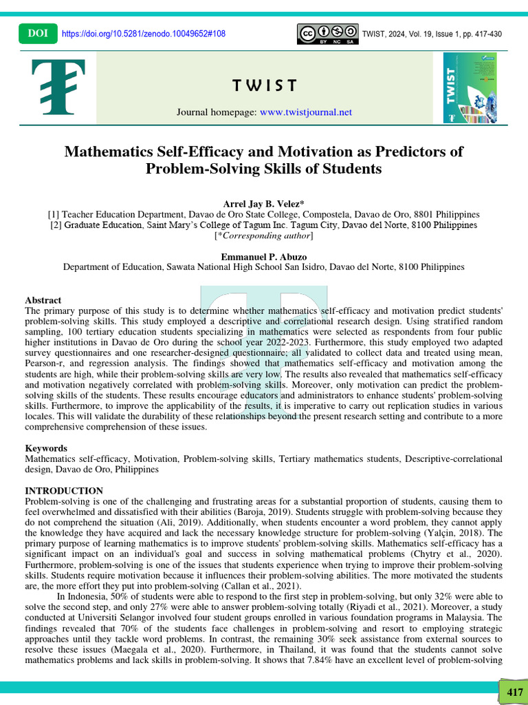 Mathematics Self-Efficacy and Motivation As Predictors of | PDF | Self ...
