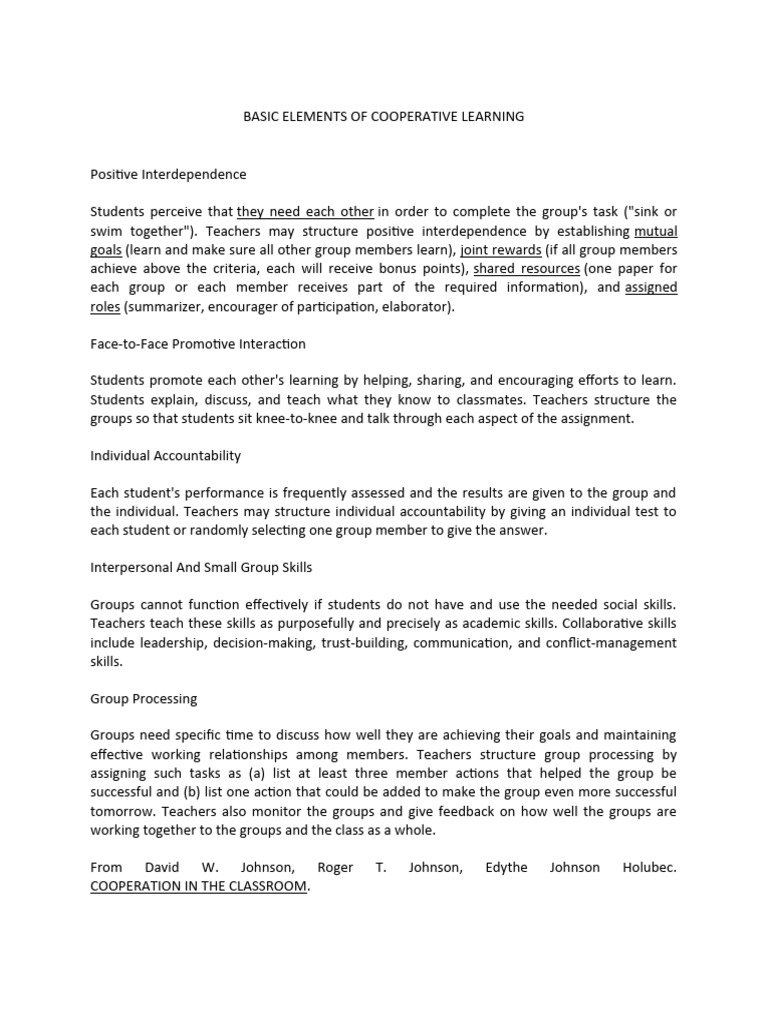 Basic Elements of Cooperative Learning | PDF | Career & Growth ...