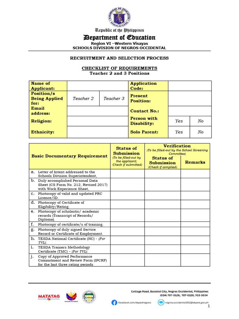Teacher 2 and 3 - Checklist of Requirements | PDF