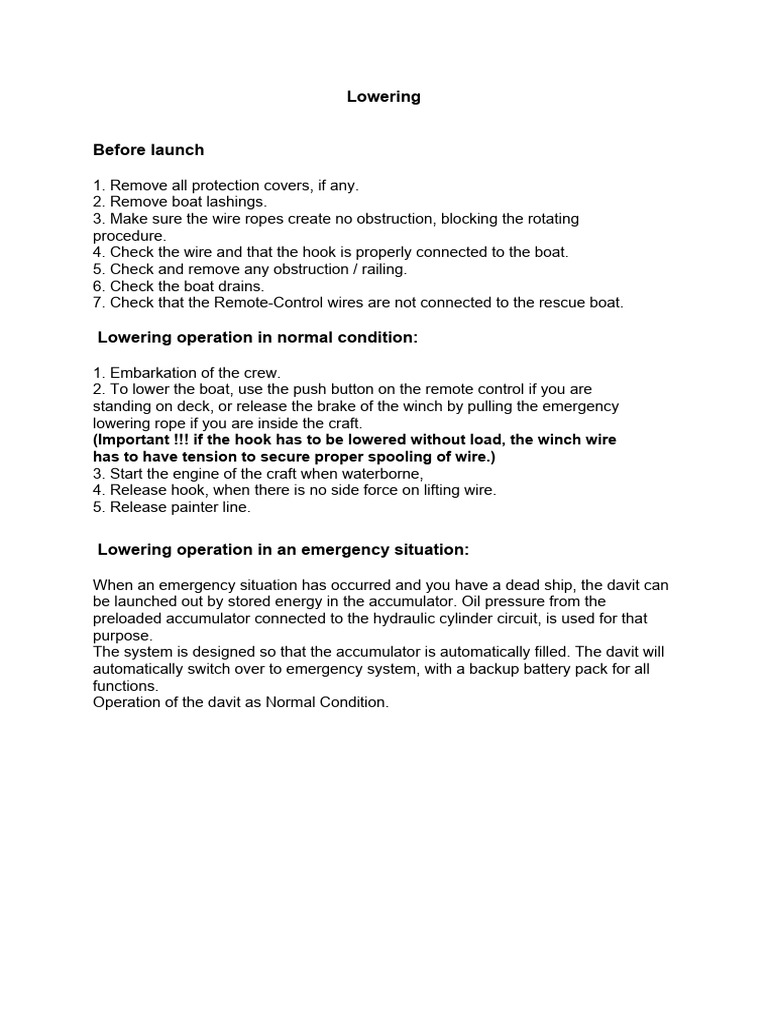Davit Operation and Lowering Procedures | PDF