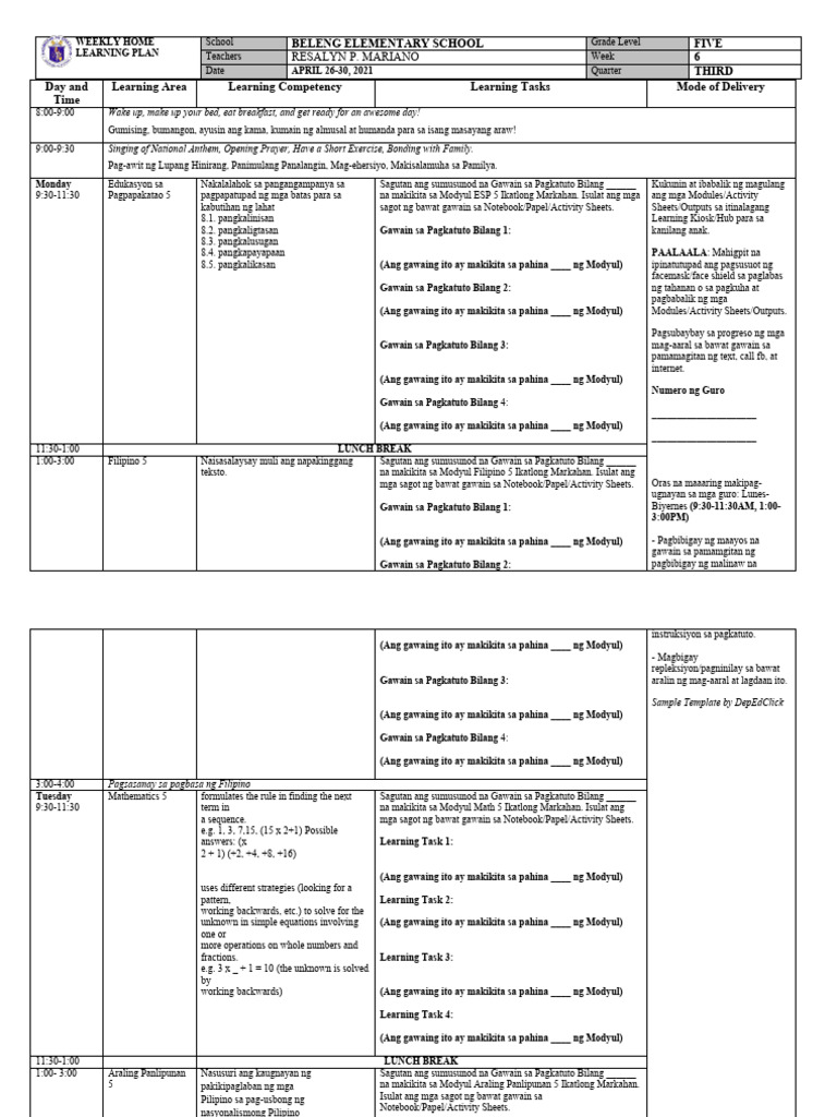 WHLP - Grade 5 (Q3 Week 6) | PDF