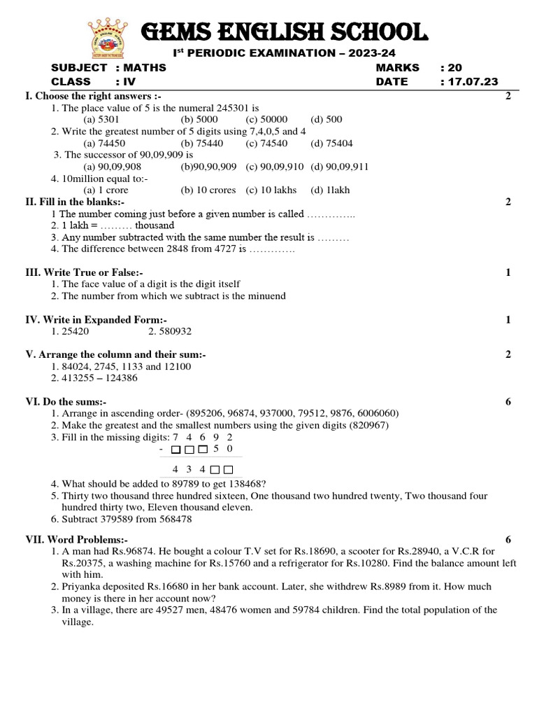 Maths 4th std 1st periodic exam 2023 24 download free pdf